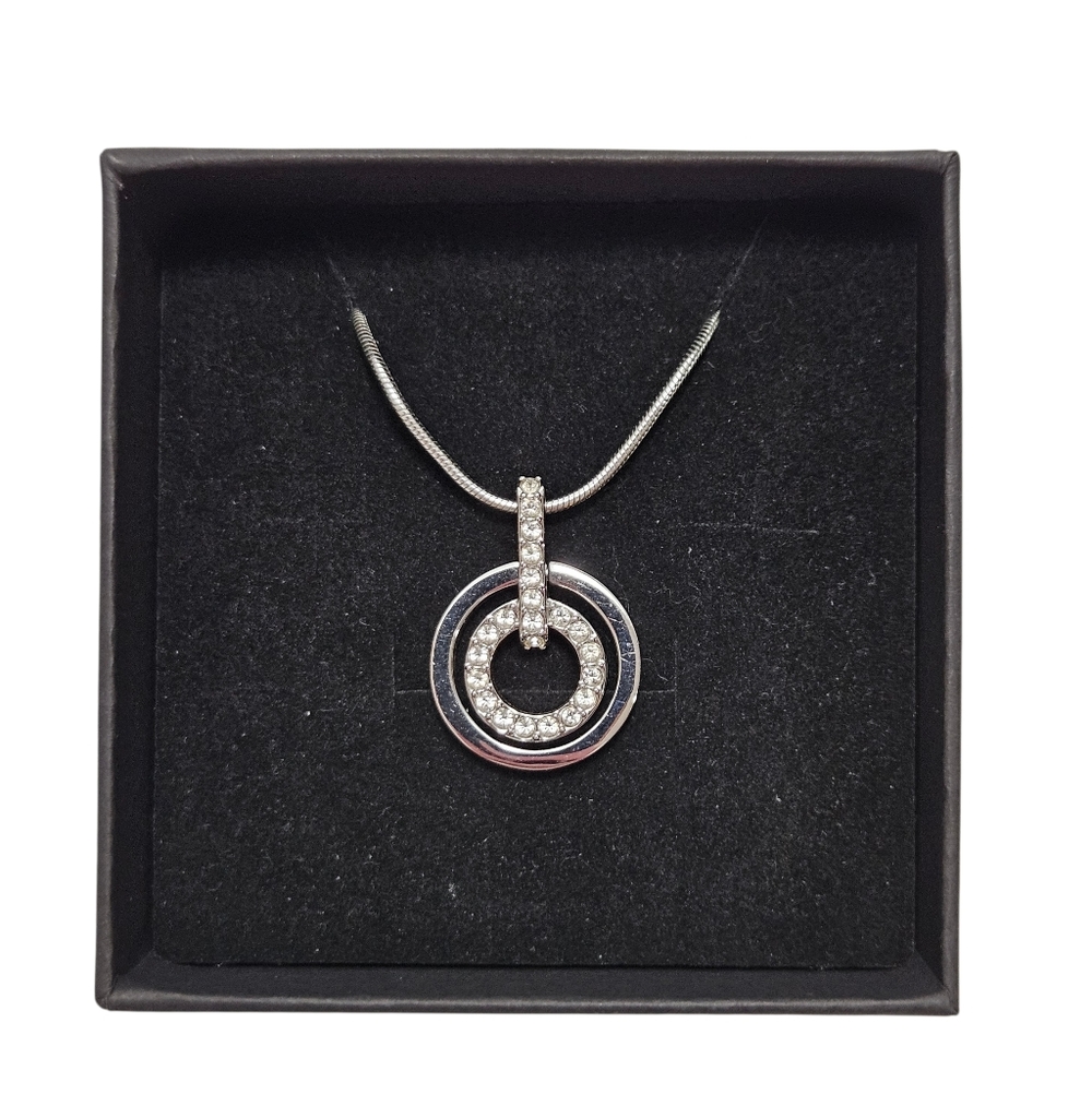 Swarovski Silver Tone Double Circle Crystal Pendant Necklace